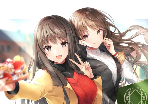 Anime picture 2500x1768 with original kagachi saku long hair looking at viewer blush fringe highres open mouth smile brown hair multiple girls holding brown eyes upper body long sleeves nail polish :d fingernails wind blurry
