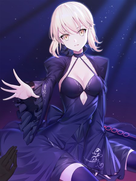 Anime picture 900x1200 with fate (series) fate/grand order artoria pendragon (all) saber alter ririko (zhuoyandesailaer) tall image looking at viewer fringe short hair breasts light erotic blonde hair sitting yellow eyes payot cleavage parted lips head tilt wide sleeves puffy sleeves