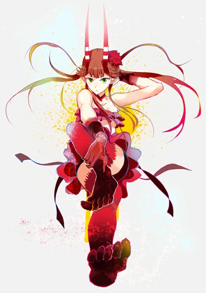 Anime picture 726x1032 with c: the money of soul and possibility control mashu (c) urahara single long hair tall image looking at viewer fringe simple background brown hair white background green eyes hair flower horn (horns) pointy ears oni horns girl gloves hair ornament flower (flowers)