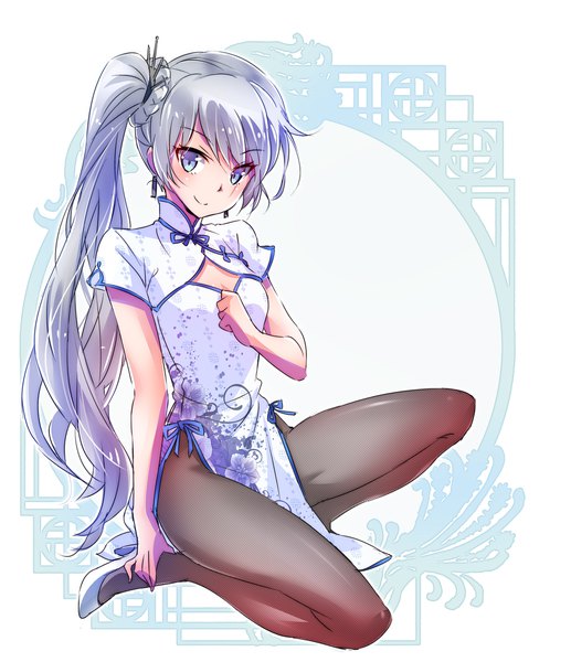 Anime picture 1782x2070 with rwby rooster teeth weiss schnee iesupa single long hair tall image looking at viewer highres blue eyes light erotic smile silver hair full body traditional clothes side ponytail chinese clothes scar cleavage cutout outline