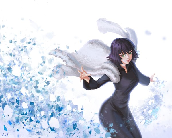 Anime picture 1023x826 with one-punch man madhouse fubuki (one-punch man) athenawyrm single looking at viewer short hair black hair smile white background green eyes lips spread arms girl dress black dress