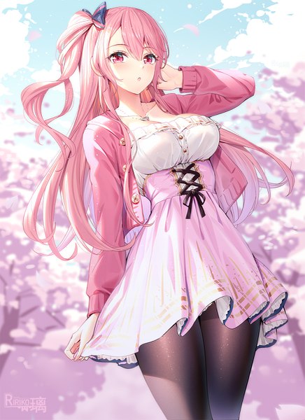 Anime picture 873x1200 with original emily stock ririko (zhuoyandesailaer) single long hair tall image looking at viewer blush fringe breasts open mouth hair between eyes signed pink hair sky cleavage cloud (clouds) pink eyes arm up open jacket