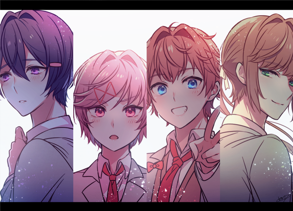 Anime picture 900x646 with doki doki literature club monika (doki doki literature club) yuri (doki doki literature club) natsuki (doki doki literature club) sayori (doki doki literature club) aicedrop long hair looking at viewer blush fringe short hair open mouth blue eyes simple background smile hair between eyes brown hair white background purple eyes green eyes