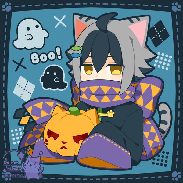 Anime picture 800x800 with original puppetic single short hair black hair signed animal ears yellow eyes ahoge tail long sleeves animal tail multicolored hair grey hair cat ears two-tone hair cat tail border blue background halloween