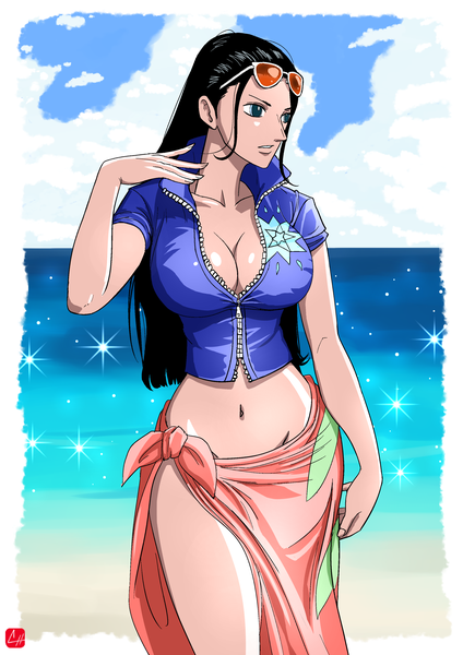Anime picture 2480x3508 with one piece toei animation nico robin chris re5 single long hair tall image highres breasts blue eyes light erotic black hair large breasts standing signed looking away sky cleavage cloud (clouds) outdoors