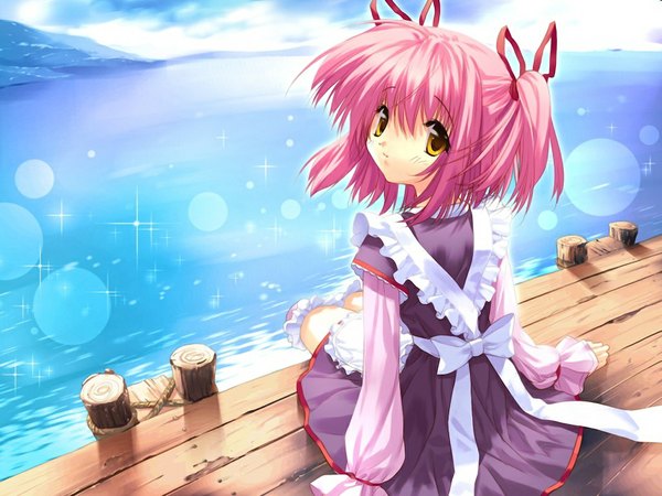 Anime picture 1024x768 with sorairo no organ (game) menum minase lin single sitting twintails yellow eyes pink hair game cg looking back sparkle maid back girl uniform water frills apron