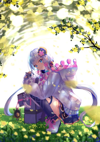 Anime picture 4093x5787 with genshin impact kamisato ayaka you cao xi single long hair tall image looking at viewer fringe highres blue eyes absurdres silver hair full body outdoors blunt bangs head tilt pleated skirt alternate costume squat headphones around neck