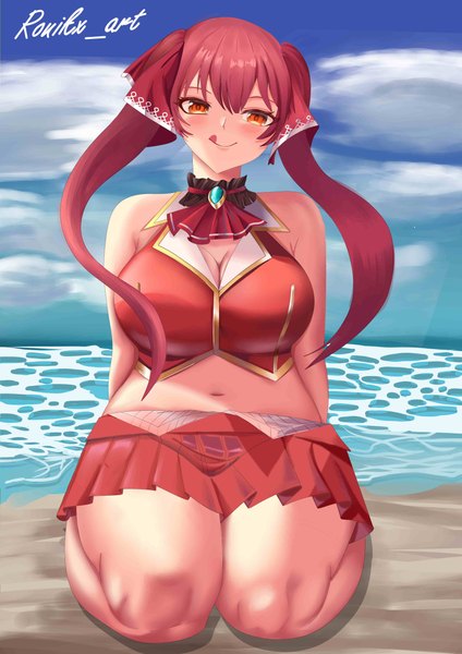 Anime picture 3508x4961 with virtual youtuber hololive houshou marine houshou marine (1st costume) ronikx art single long hair tall image looking at viewer blush fringe highres breasts light erotic smile hair between eyes large breasts sitting twintails signed