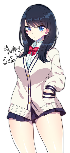Anime picture 1000x2172 with gridman universe ssss.gridman studio trigger takarada rikka urim single long hair tall image looking at viewer blush fringe blue eyes black hair simple background hair between eyes standing white background pleated skirt thighs hieroglyph