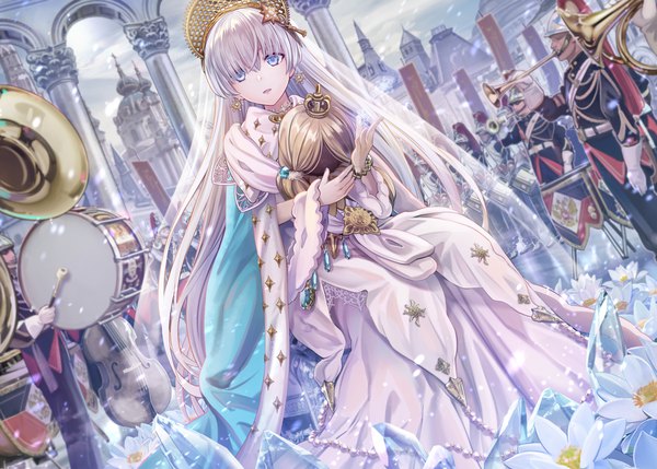 Anime-Bild 3500x2500 mit fate (series) fate/grand order anastasia (fate) viy (fate) torino aqua fringe highres open mouth blue eyes sitting holding absurdres sky silver hair cloud (clouds) outdoors very long hair hair over one eye multiple boys dutch angle