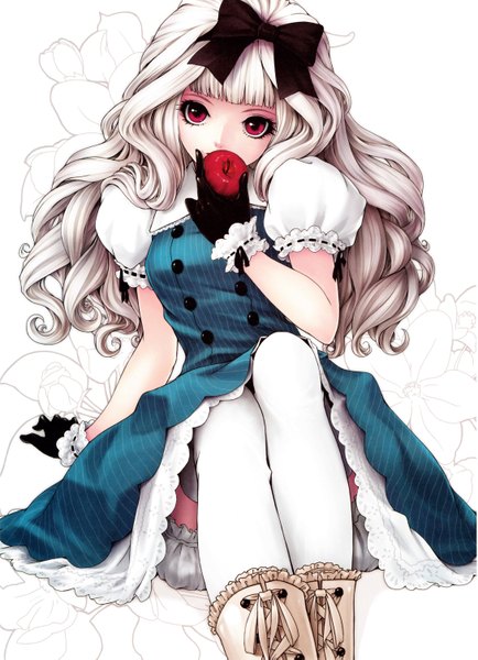 Anime picture 2177x3005 with original kunishige keiichi long hair tall image highres red eyes white background silver hair wavy hair lolita fashion girl dress gloves bow hair bow apple
