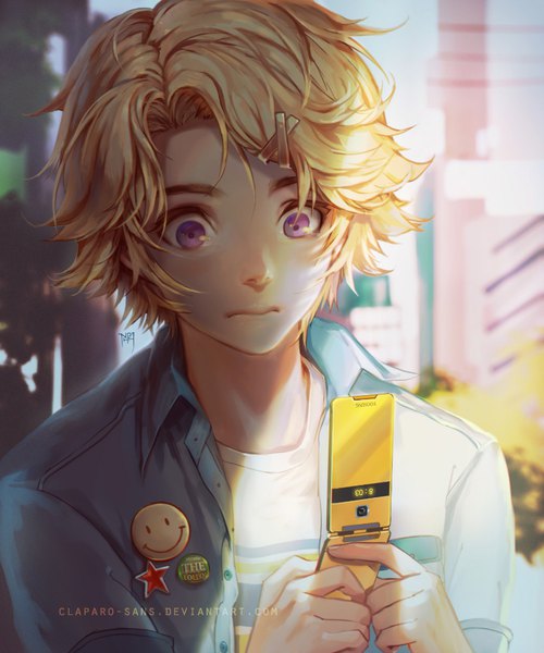 Anime picture 833x1000 with mystic messenger yoosung claparo-sans single tall image short hair blonde hair purple eyes signed upper body outdoors open shirt depth of field looking down shaded face boy shirt x hair ornament mobile phone badge