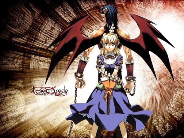 Anime picture 1024x768 with chrono crusade gonzo rosette christopher chrono moriyama daisuke long hair looking at viewer fringe blue eyes blonde hair standing holding blue hair pointy ears from behind muscle third-party edit bondage back to back demon