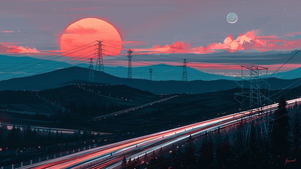 Anime picture 1920x1080 with original aenami highres wide image signed sky cloud (clouds) outdoors evening sunset no people scenic plant (plants) tree (trees) moon full moon forest sun power lines road