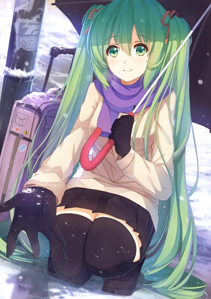 Anime picture 800x1131 with vocaloid hatsune miku riki-to single tall image looking at viewer twintails very long hair aqua eyes aqua hair girl thighhighs skirt gloves black thighhighs jacket scarf umbrella