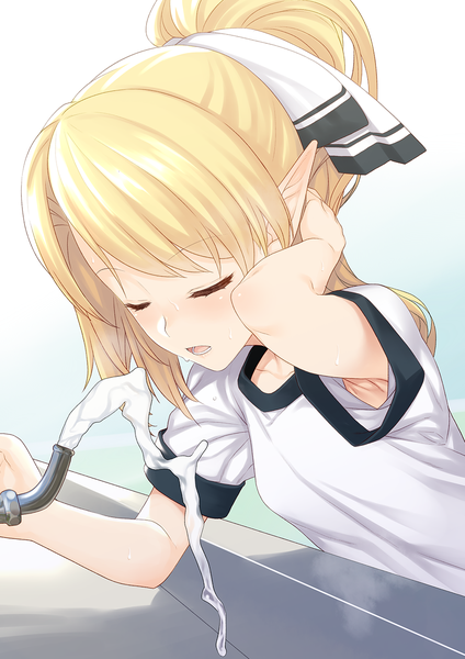Anime picture 1000x1414 with enjo kouhai iris (takunomi) takunomi single long hair tall image blush fringe open mouth simple background blonde hair upper body ponytail eyes closed pointy ears armpit (armpits) short sleeves gradient background arm behind head elf