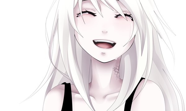 Anime-Bild 3000x1800 mit original seethli single long hair highres simple background smile wide image white background white hair eyes closed teeth fang (fangs) tattoo tears face pale skin girl