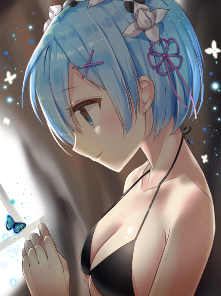 Anime picture 800x1071 with re:zero kara hajimeru isekai seikatsu white fox rem (re:zero) melang b single tall image blush short hair breasts light erotic smile blue hair looking away upper body profile girl hair ornament headdress window maid headdress