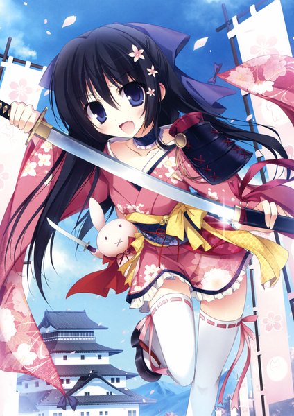 Anime picture 2331x3300 with original eshi 100-nin ten karory single long hair tall image looking at viewer blush highres open mouth blue eyes black hair traditional clothes japanese clothes hair flower scan girl thighhighs hair ornament flower (flowers)