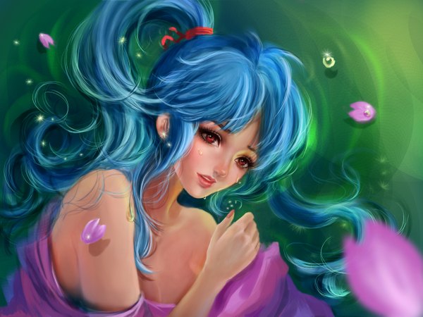 Anime picture 2500x1875 with rikamello single long hair looking at viewer fringe highres open mouth red eyes bare shoulders blue hair ponytail lying from above realistic tears close-up girl petals water drop