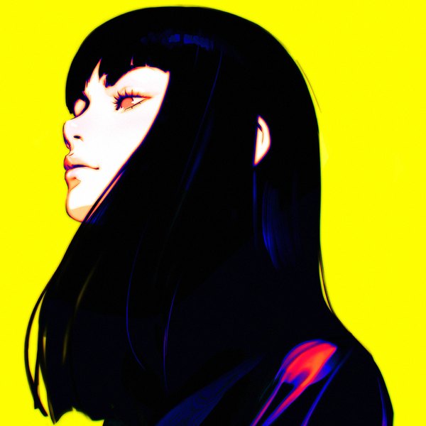 Anime picture 1080x1080 with original ilya kuvshinov single long hair fringe black hair simple background looking away upper body parted lips profile lips from below orange eyes portrait yellow background girl