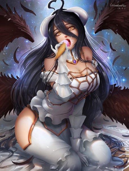 Anime picture 1164x1536 with overlord (maruyama) madhouse albedo (overlord) turewindwalker single long hair tall image looking at viewer fringe breasts light erotic black hair hair between eyes large breasts sitting bare shoulders holding signed yellow eyes cleavage