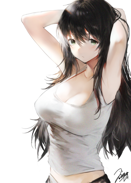 Anime picture 2145x3000 with original iori (cpeilad) single long hair tall image looking at viewer blush fringe highres breasts light erotic black hair simple background hair between eyes large breasts standing white background green eyes signed cleavage