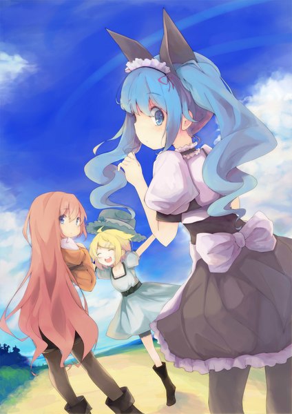 Anime picture 1200x1697 with steins;gate vocaloid white fox hatsune miku megurine luka kagamine rin long hair tall image short hair open mouth blue eyes blonde hair twintails multiple girls animal ears pink hair sky cloud (clouds) eyes closed looking back