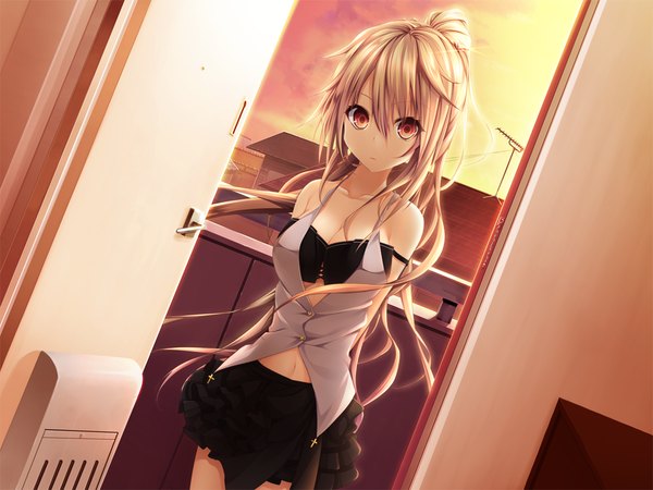 Anime picture 1024x768 with yurikago yori tenshi made tae haruka natsuki long hair fringe blonde hair hair between eyes red eyes bare shoulders game cg ponytail girl skirt navel miniskirt