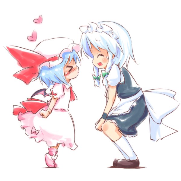 Anime picture 1200x1200 with touhou remilia scarlet izayoi sakuya ayakashi (monkeypanch) blush short hair standing multiple girls blue hair silver hair braid (braids) eyes closed profile maid twin braids ^ ^ bat wings almost kiss > < girl