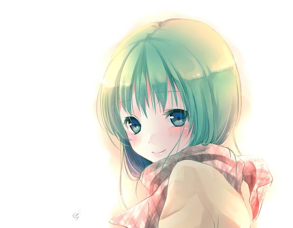 Anime picture 1090x849 with vocaloid gumi sana (unyata) single short hair simple background smile white background aqua eyes green hair girl scarf