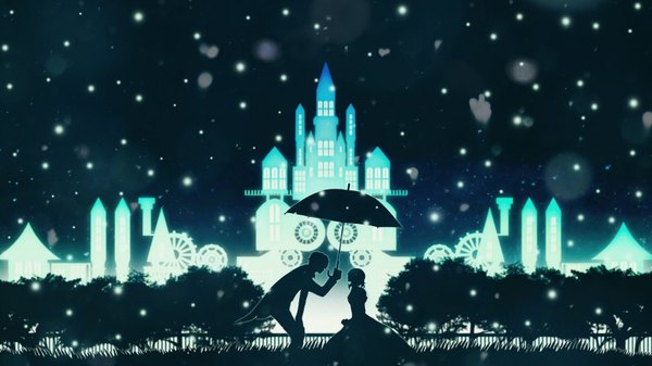 Anime picture 1600x900 with snow white (solaris clock) solaris clock harada miyuki wide image holding outdoors night leaning wallpaper leaning forward snowing silhouette girl boy plant (plants) tree (trees) railing castle