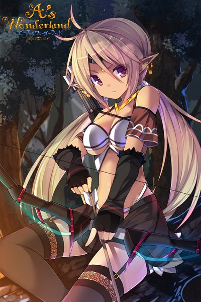 Anime picture 667x1000 with original chiri (atlanta) single long hair tall image blonde hair purple eyes twintails ahoge pointy ears girl thighhighs gloves weapon black thighhighs plant (plants) tree (trees) fingerless gloves bow (weapon)