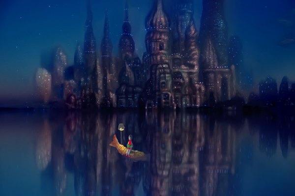 Anime picture 1000x667 with original nuq single sky night night sky reflection star (stars) castle watercraft boat