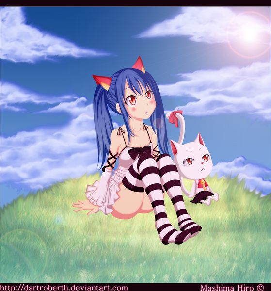 Anime picture 1632x1751 with fairy tail wendy marvell charle (fairy tail) dartroberth long hair tall image blush light erotic red eyes twintails blue hair sky cloud (clouds) sunlight loli coloring girl thighhighs dress plant (plants)