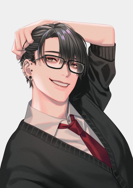 Anime picture 650x918 with original kurayoshi samu (sum) single tall image looking at viewer fringe short hair black hair simple background smile hair between eyes signed upper body grey background grey eyes grin piercing ear piercing hand on head holding hair