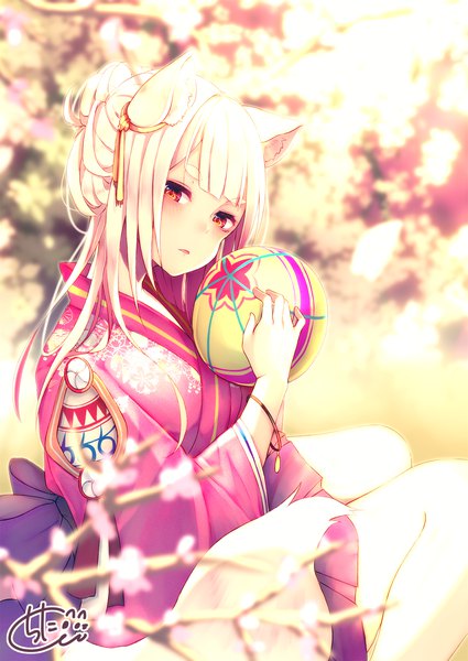Anime picture 1417x2000 with original chita (ketchup) single long hair tall image looking at viewer blush fringe open mouth red eyes sitting holding signed animal ears outdoors white hair tail traditional clothes head tilt japanese clothes