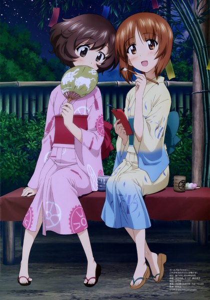 Anime picture 2863x4089 with girls und panzer nyantype nishizumi miho akiyama yukari yoshida nobuyoshi tall image blush highres short hair open mouth black hair brown hair multiple girls brown eyes absurdres traditional clothes japanese clothes black eyes night official art