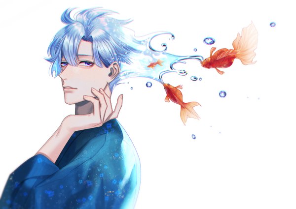 Anime picture 800x567 with original kurayoshi samu (sum) single looking at viewer fringe short hair blue eyes simple background hair between eyes white background blue hair upper body traditional clothes parted lips japanese clothes wide sleeves boy animal water kimono