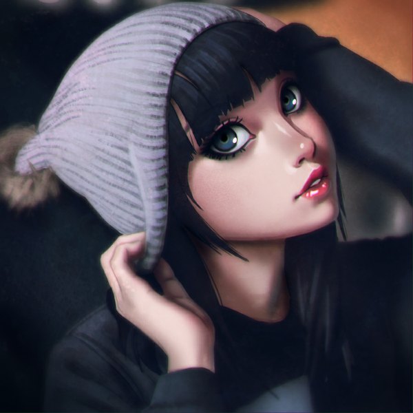 Anime picture 900x900 with original nikita varb single looking at viewer fringe short hair blue eyes black hair parted lips lips realistic hand on head adjusting hat ilya kuvshinov (style) kr0npr1nz (style) girl cap pom pom (clothes)