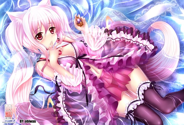 Anime picture 1600x1086 with mahou shoujo madoka magica shaft (studio) kyuubee obiwan long hair blush light erotic red eyes twintails animal ears pink hair cleavage animal tail girl thighhighs black thighhighs