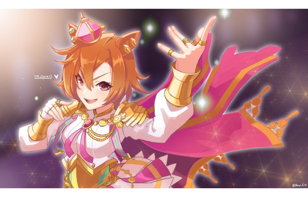 Anime picture 1971x1258 with umamusume t.m. opera o (umamusume) hey cre single fringe highres short hair hair between eyes purple eyes signed animal ears looking away upper body arm up from above orange hair twitter username letterboxed horse ears girl