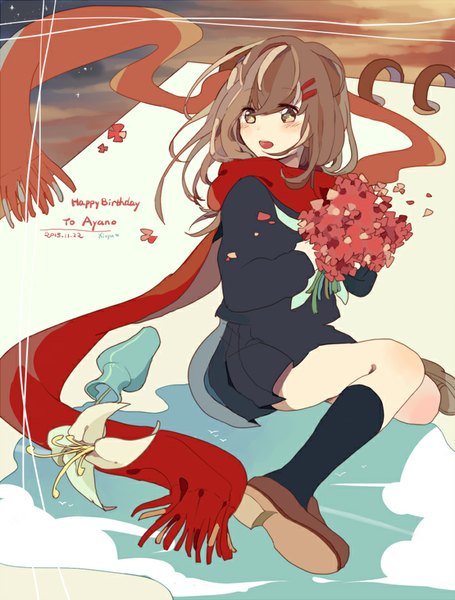 Anime picture 700x923 with kagerou project shaft (studio) tateyama ayano single long hair tall image blush fringe open mouth brown hair sitting brown eyes looking away happy birthday girl uniform flower (flowers) school uniform socks hairclip