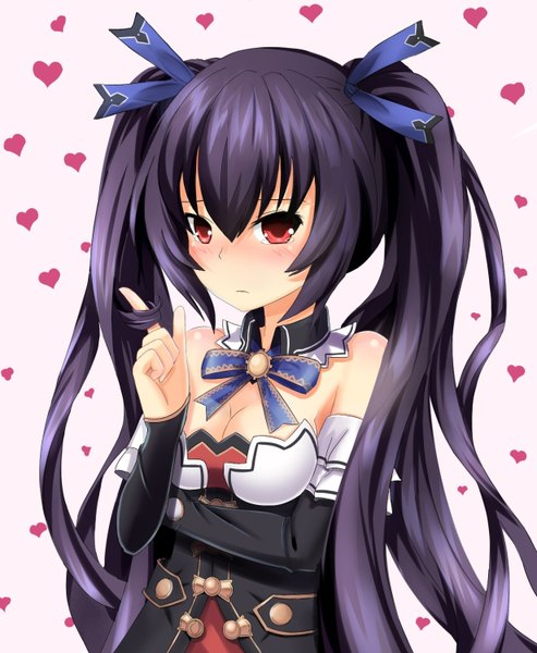 Anime picture 1232x1500 with choujigen game neptune noire grav single long hair tall image blush black hair red eyes twintails bare shoulders playing with hair hair twirling girl dress bow hair bow detached sleeves heart