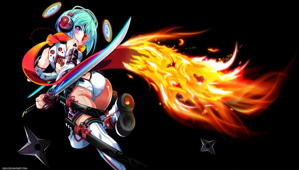 Anime picture 3349x1912 with original isshi single highres short hair open mouth light erotic wide image pink eyes looking back multicolored hair aqua hair tattoo girl thighhighs weapon sword headphones katana eyepatch