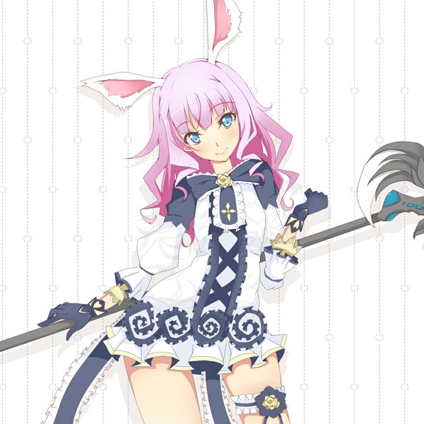 Anime picture 1000x1000 with tera online elin (tera) single long hair looking at viewer blue eyes smile animal ears pink hair girl dress gloves weapon frills