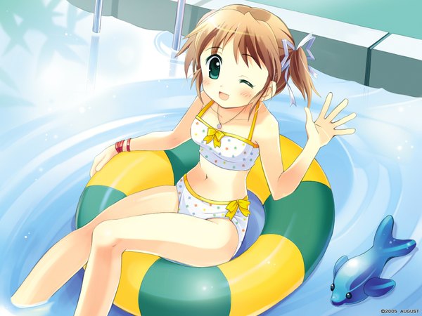 Anime picture 1600x1200 with yoake mae yori ruri iro na august soft asagiri mai highres brown hair twintails green eyes one eye closed wink waving jpeg artifacts afloat swimsuit bikini water jewelry necklace fish (fishes) child (children) swim ring