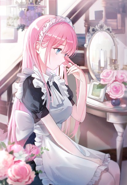 Anime picture 1374x2000 with original iren lovel single long hair tall image blush fringe blue eyes sitting looking away pink hair indoors profile short sleeves maid puffy sleeves girl dress uniform flower (flowers)
