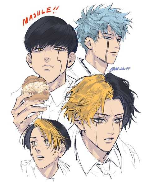 Anime-Bild 1638x2048 mit mashle a-1 pictures finn ames lance crown mash burnedead rayne ames mobbo ie tall image short hair black hair simple background blonde hair white background signed yellow eyes blue hair multicolored hair two-tone hair multiple boys copyright name
