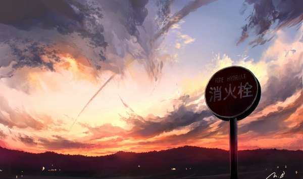 Anime picture 1200x709 with original m.b wide image signed sky cloud (clouds) sunlight evening light sunset mountain no people scenic traffic sign